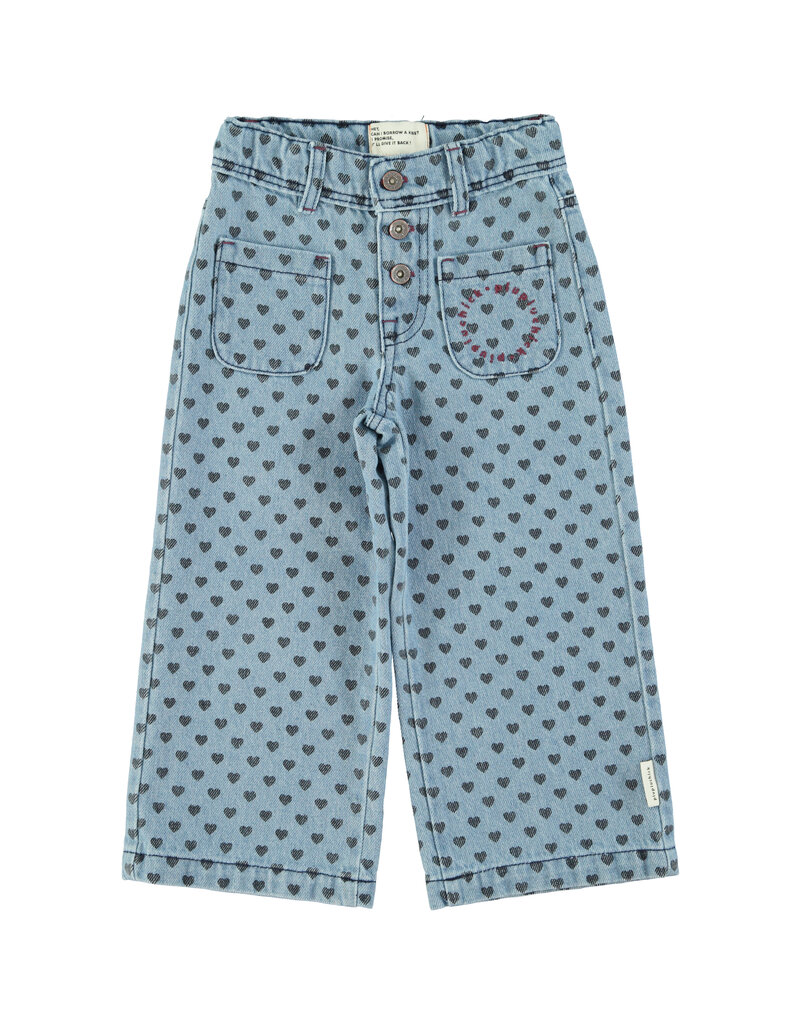 piupiuchick Flare Trousers Washed Blue Denim w. Black Hearts