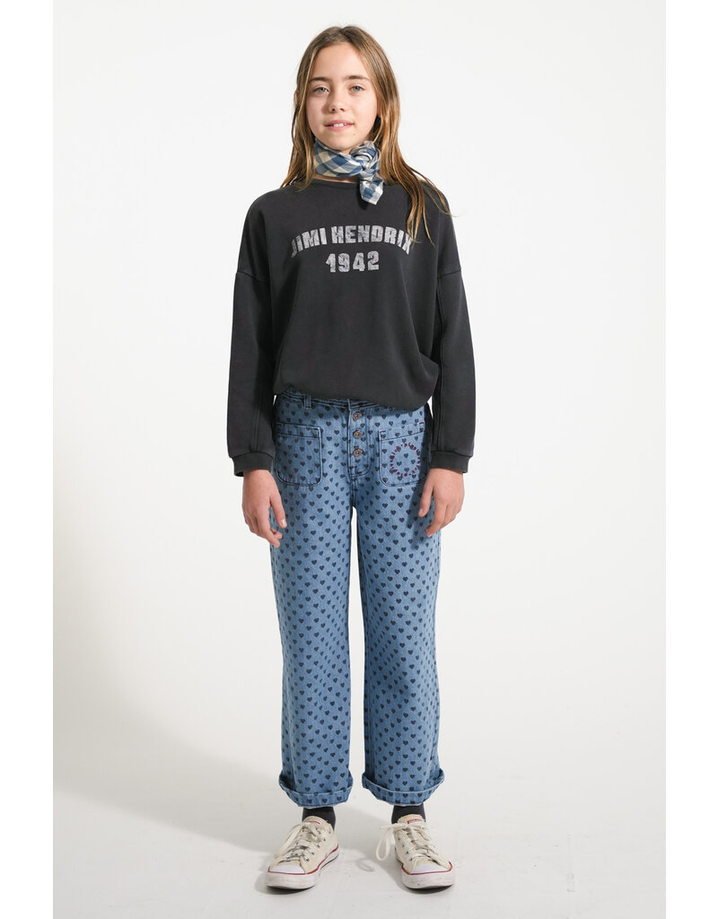 piupiuchick Flare Trousers Washed Blue Denim w. Black Hearts