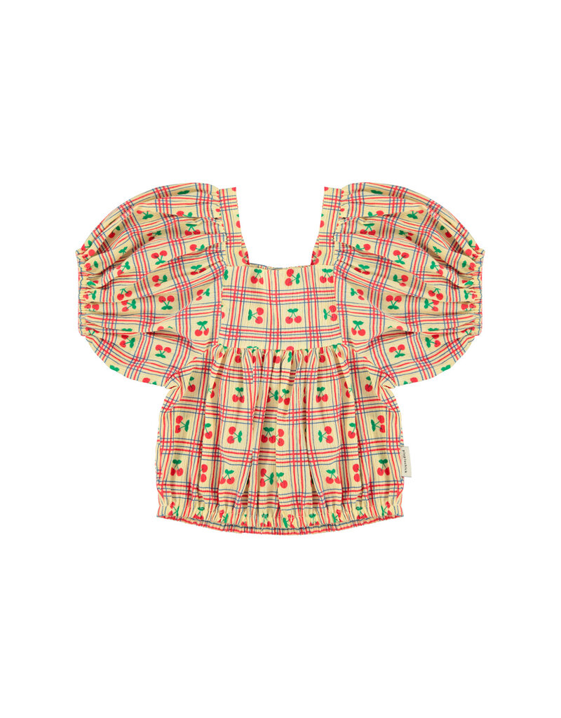 piupiuchick Cropped Blouse w Balloon Sleeves Yellow Cherries Allover