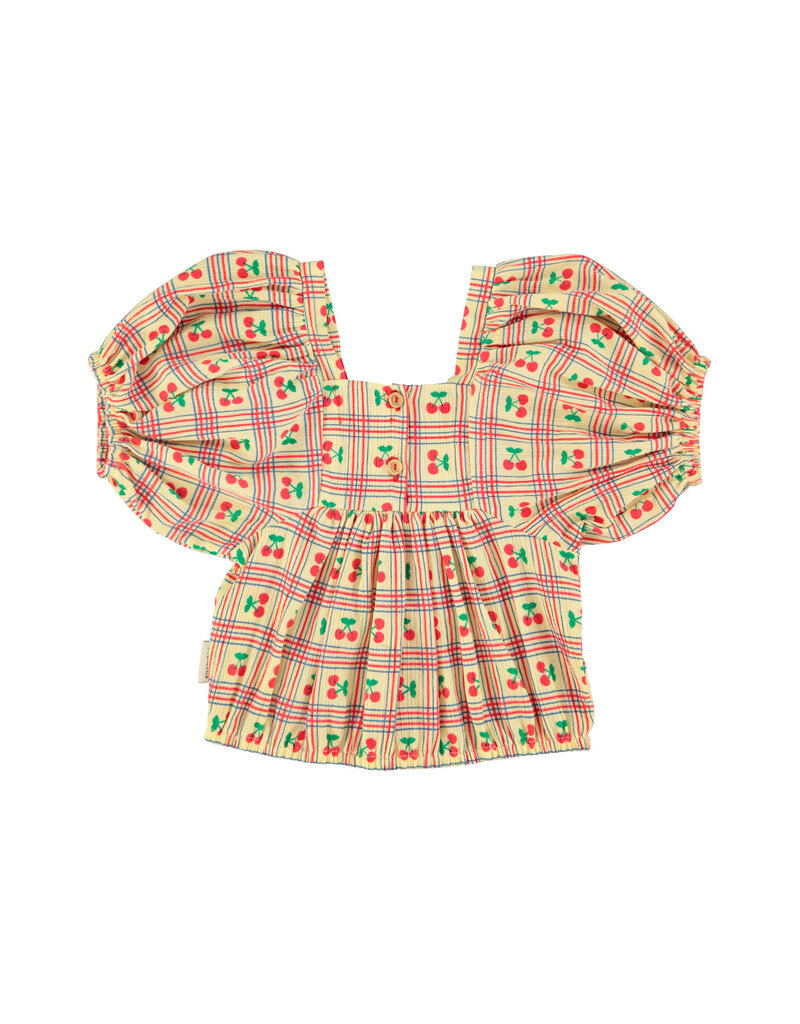 piupiuchick Cropped Blouse w Balloon Sleeves Yellow Cherries Allover