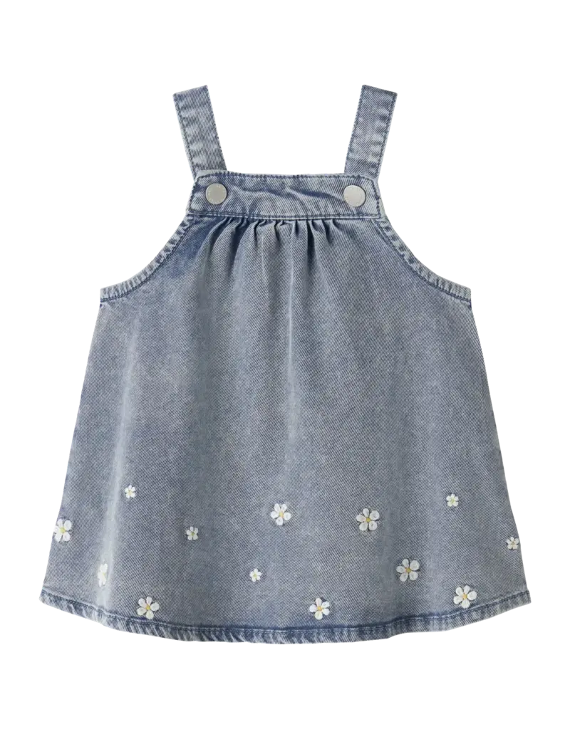 name it Flora Denim Emb Dress Light Blue