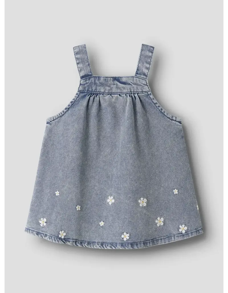 name it Flora Denim Emb Dress Light Blue