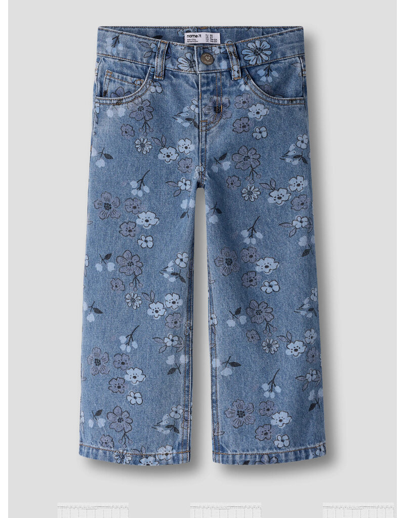 name it Rose Wide AOP Jeans Medium Blue Flower