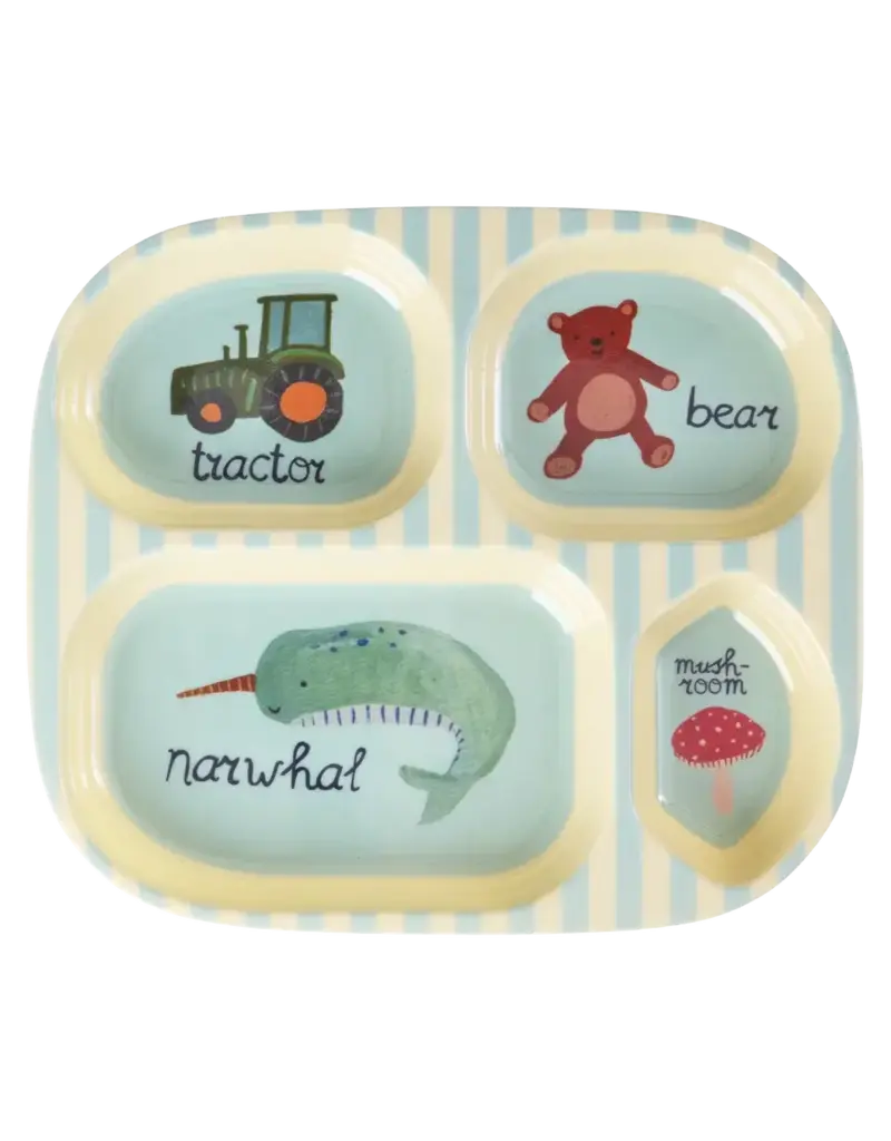 Rice Melamine Kids 4 Room Plate with Blue ABC Print