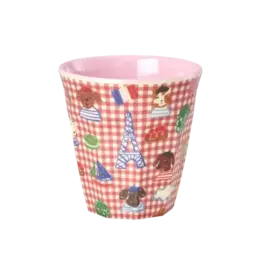 Rice Melamine Cup with Red Kids in Paris Print - Medium - Pink - 250 ml