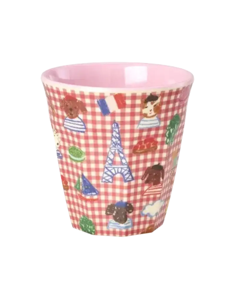 Rice Melamine Cup with Red Kids in Paris Print - Medium - Pink - 250 ml