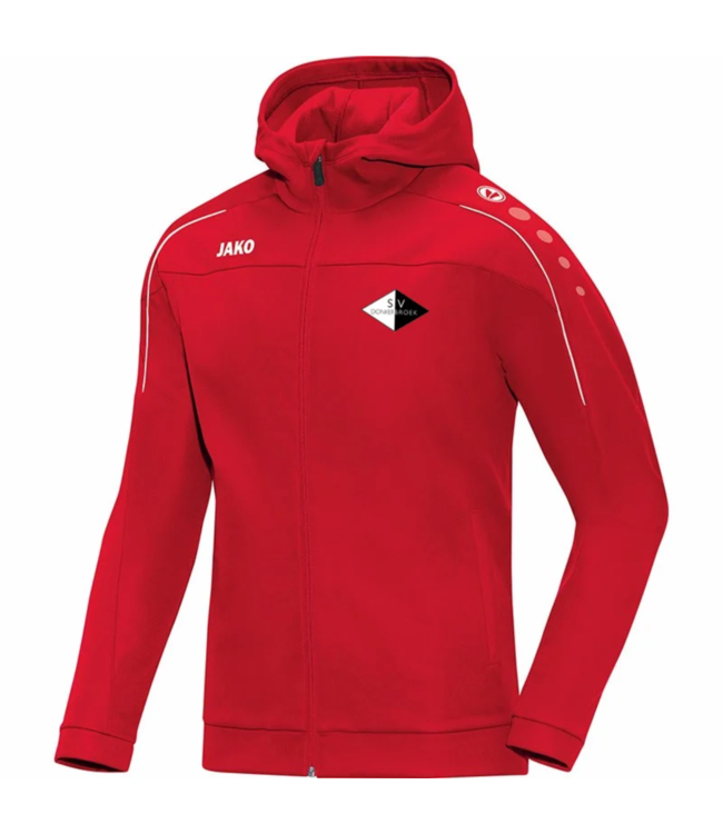 Donkerbroek jas met kap rood