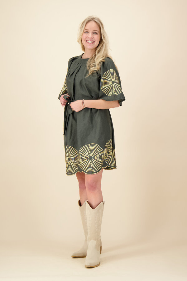 Greek Archaic Kori - Volume Mini Dress - Khaki/Gold