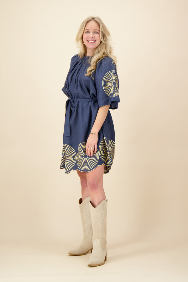 Greek Archaic Kori - Volume Mini Dress - Navy Blue/Gold