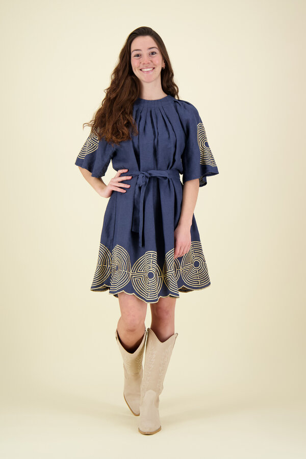 Greek Archaic Kori - Volume Mini Dress - Navy Blue/Gold