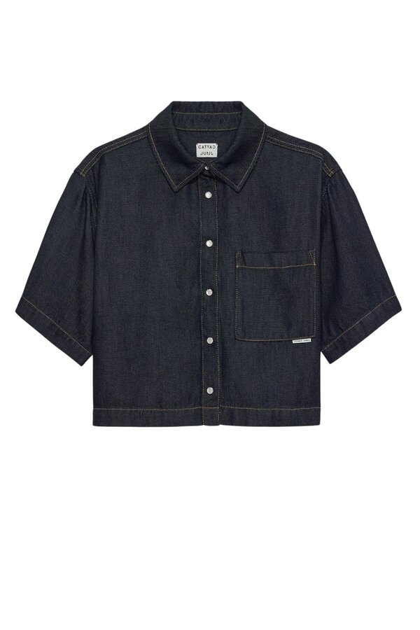 Short Sleeve Denim Blouse - Dark Blue