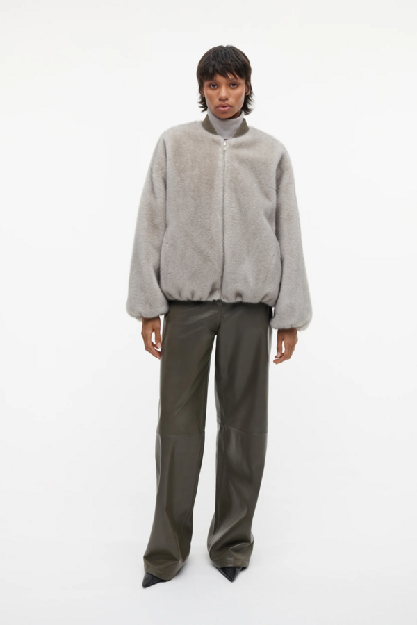 Etta Faux Mink Bomber - Grey/Green