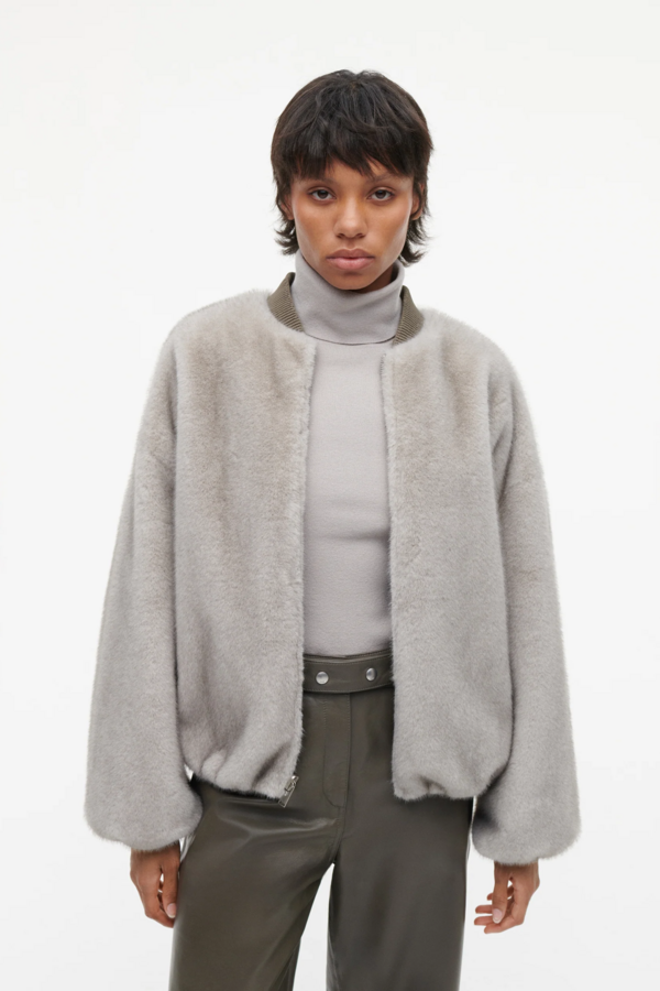 Etta Faux Mink Bomber - Grey/Green