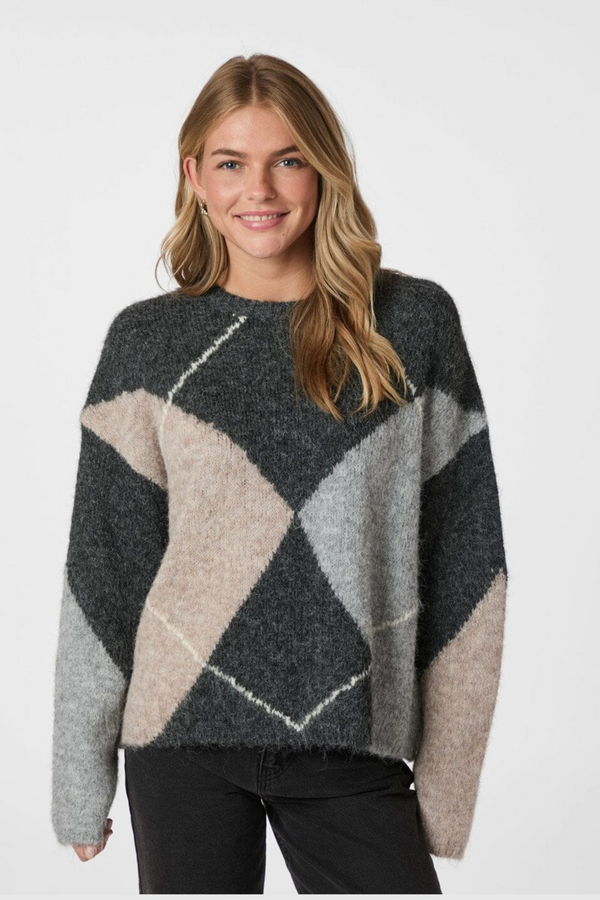 Inga Check Fluff Knit Blouse - Antracit