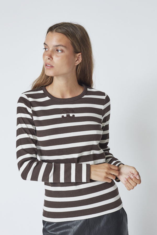 Granny Rib Embroidery Blouse - Off-White/Dark Brown