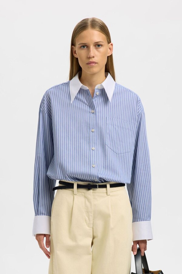 Romie Oversize LS Shirt Noos - Dusty Blue/Bright White