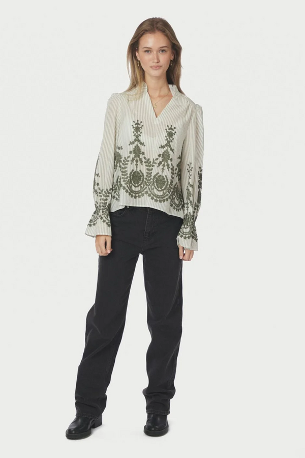 Amara Stripe Emb Blouse - Dusty Green