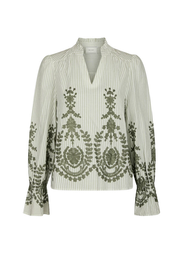 Amara Stripe Emb Blouse - Dusty Green