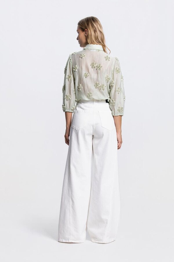 Roos Blouse 3/4 Puffed Sleeve 3D Flowers - Light Green