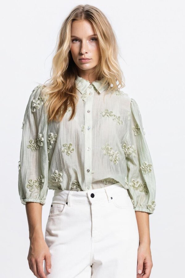 Roos Blouse 3/4 Puffed Sleeve 3D Flowers - Light Green