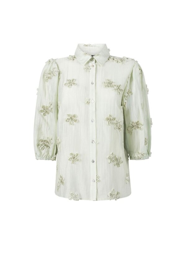 Roos Blouse 3/4 Puffed Sleeve 3D Flowers - Light Green