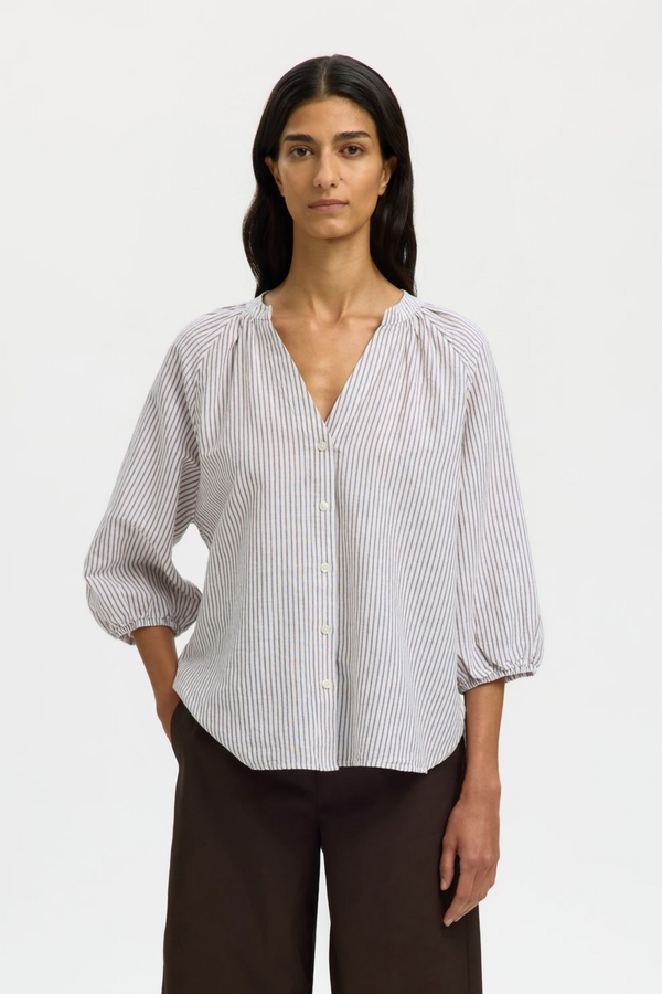 Cleo Alberta Linen Blend Shirt - White/Chocolate