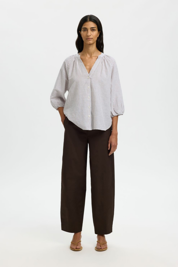 Cleo Alberta Linen Blend Shirt - White/Chocolate