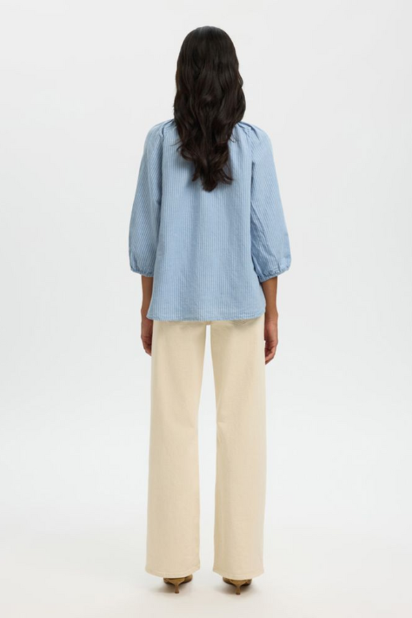 Cleo Alberta Linen Blend Shirt - Dusty Blue/Bright White