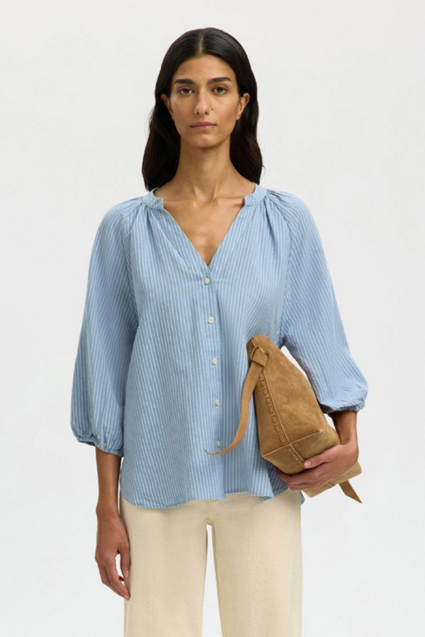 Cleo Alberta Linen Blend Shirt - Dusty Blue/Bright White