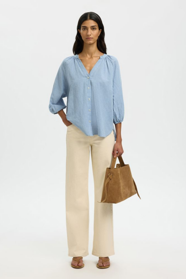 Cleo Alberta Linen Blend Shirt - Dusty Blue/Bright White