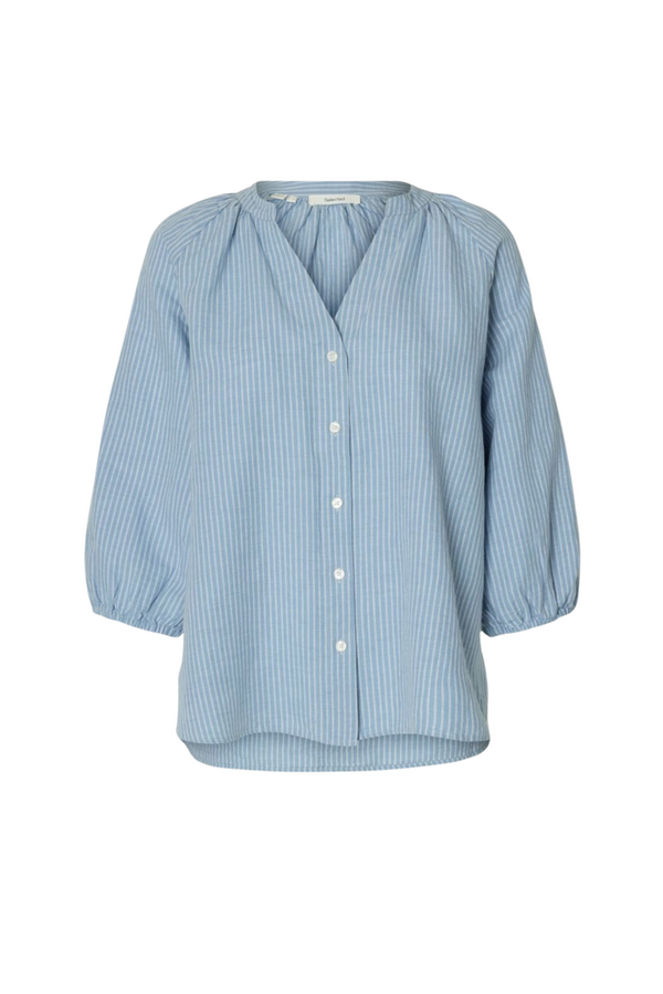 Cleo Alberta Linen Blend Shirt - Dusty Blue/Bright White
