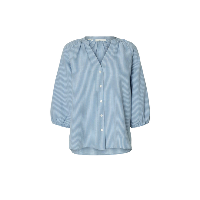 Cleo Alberta Linen Blend Shirt - Dusty Blue/Bright White