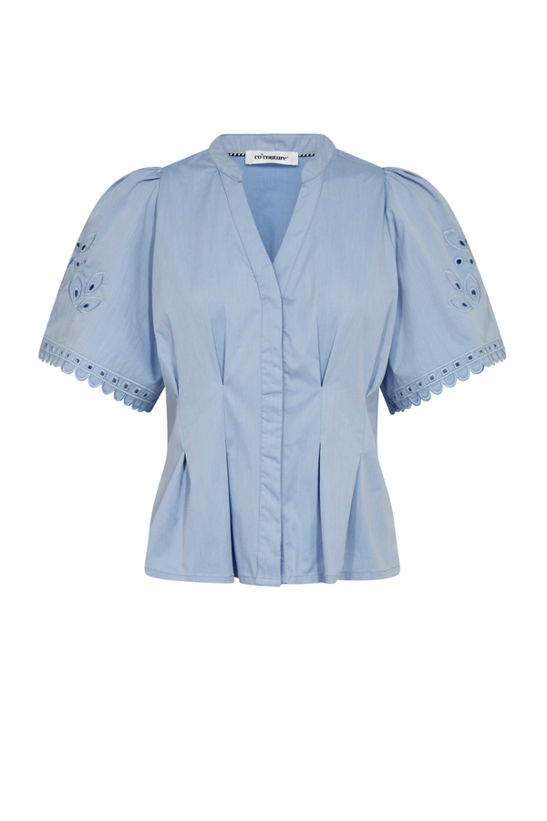 Poppy Embroderie V Shirt - Pale Blue