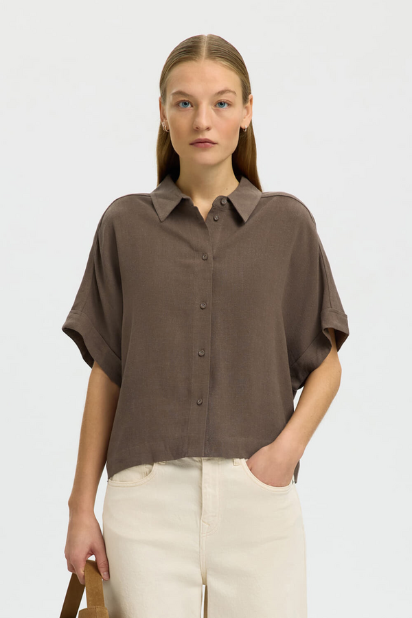 Viva 2/4 V-Neck Linen Blend Top - Chocolate Chip
