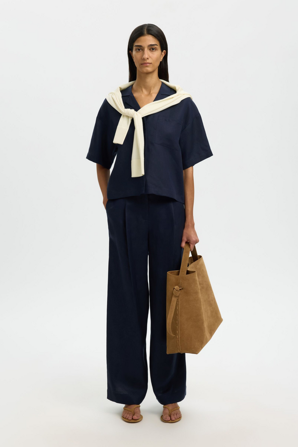 Lyra HW Wide Linen Blend Pant - Dark Sapphire