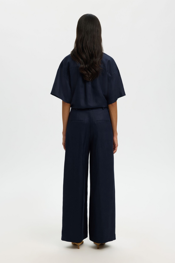 Lyra HW Wide Linen Blend Pant - Dark Sapphire