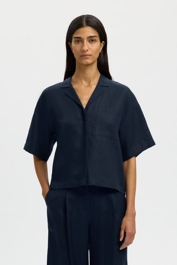Lyra 2/4 Boxy Linen Shirt - Dark Sapphire