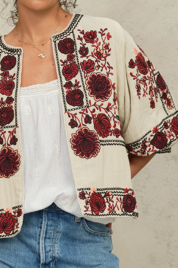 Greta Jacket - Ecru/Dark Red