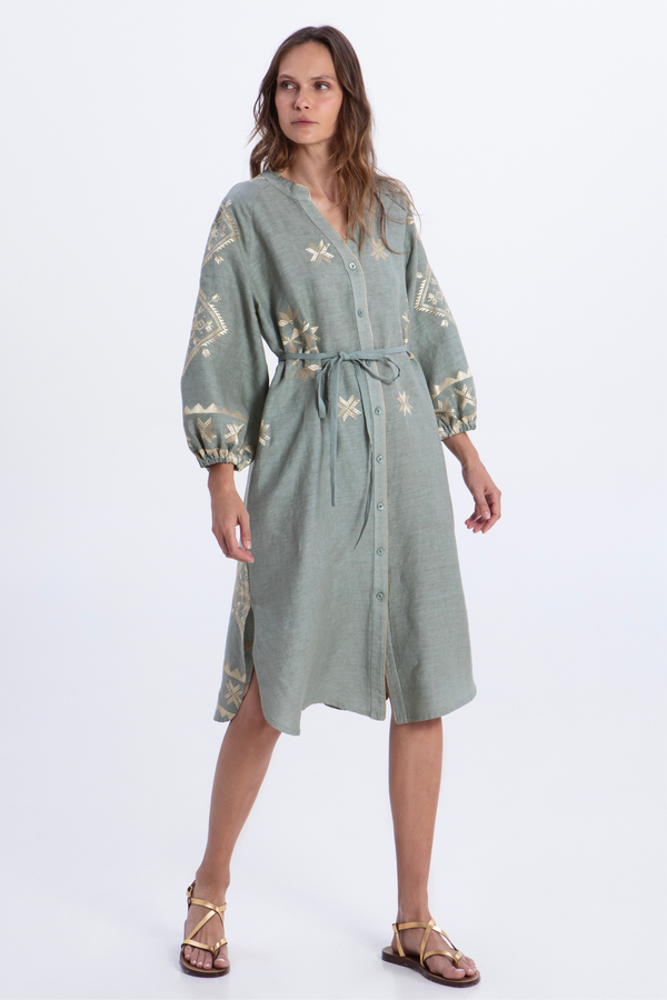Linen Midi Dress - Sage/ Gold