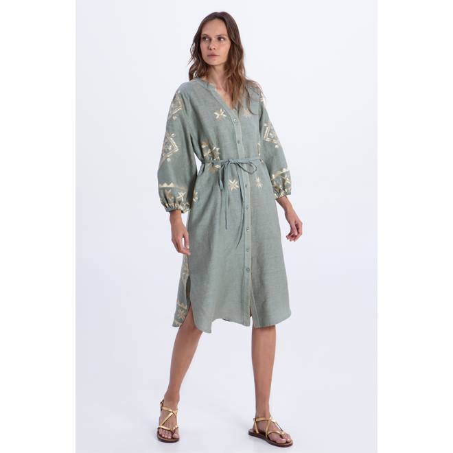 Linen Midi Dress - Sage/ Gold