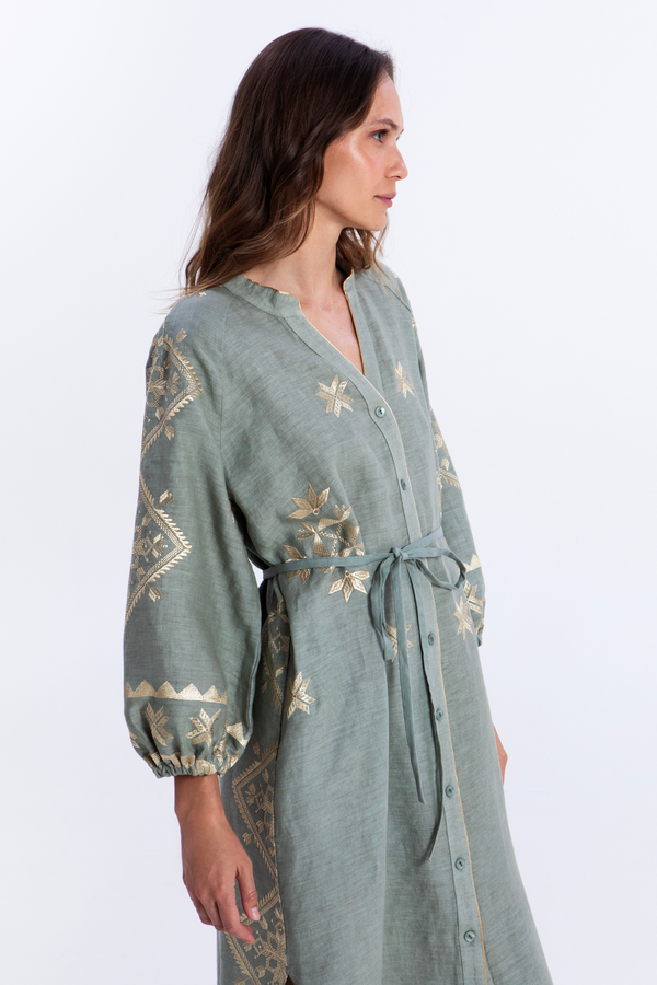 Linen Midi Dress - Sage/ Gold