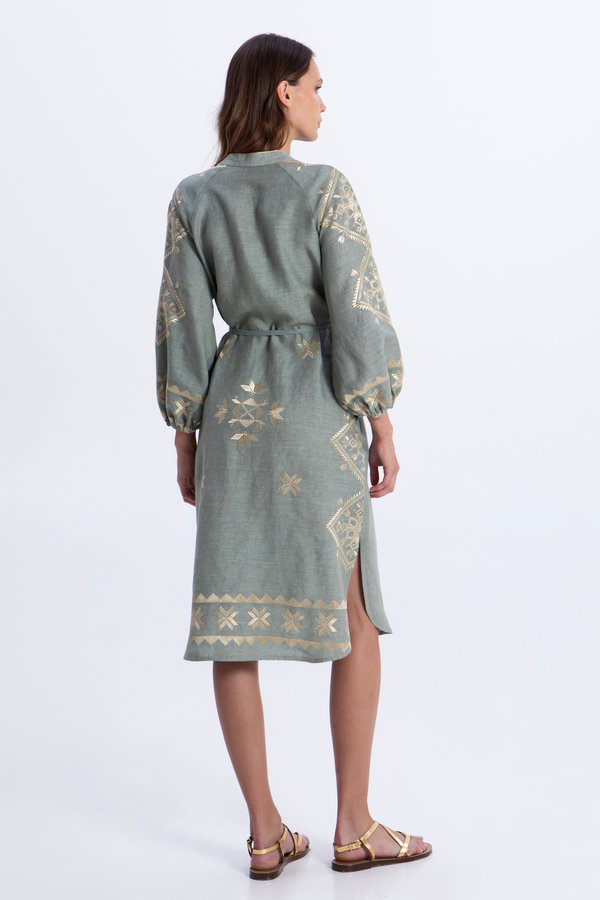 Linen Midi Dress - Sage/ Gold