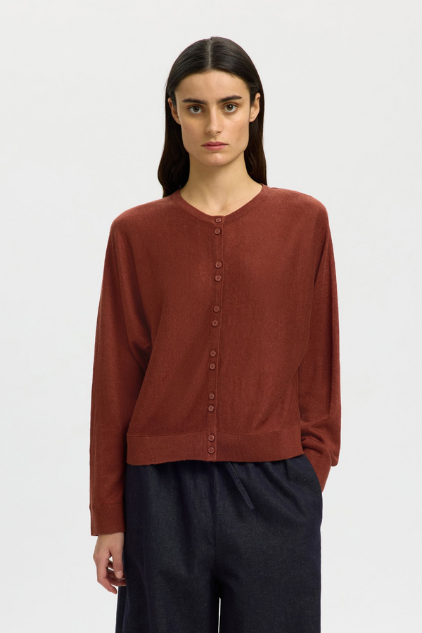 Jane Linen LS Bat Knit Cardigan - Cherry Mahogany