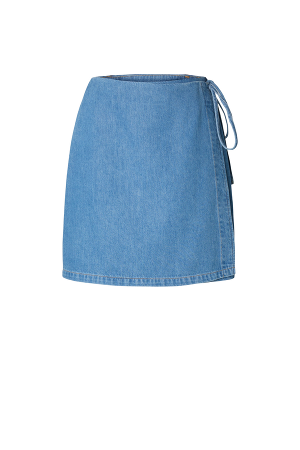 Tenna MW Short Wrap Denim Skirt - Medium Blue Denim