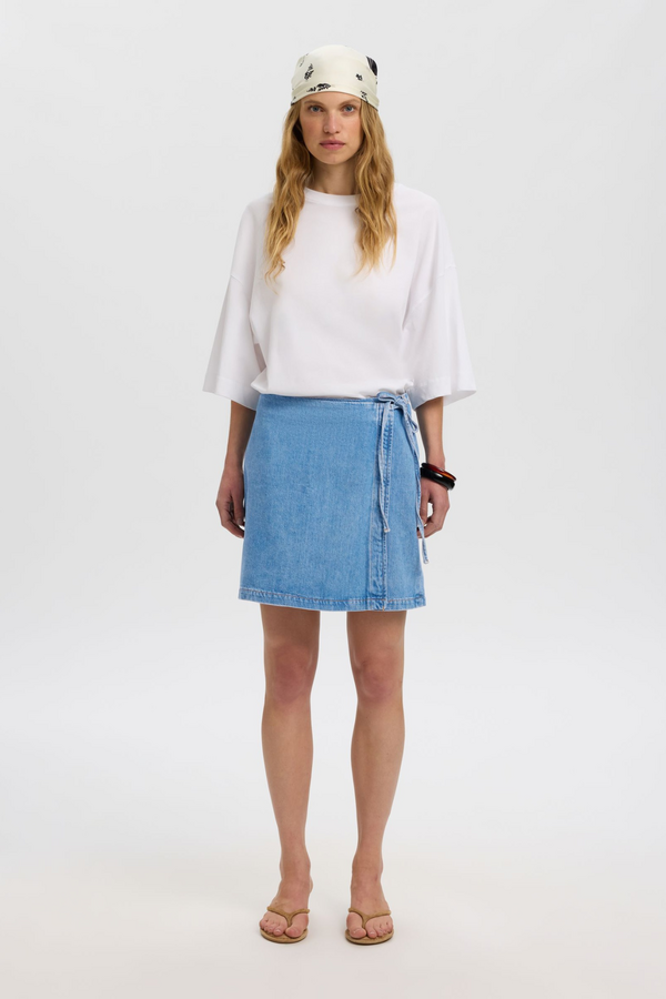 Tenna MW Short Wrap Denim Skirt - Medium Blue Denim