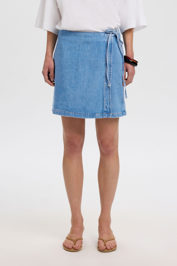 Tenna MW Short Wrap Denim Skirt - Medium Blue Denim