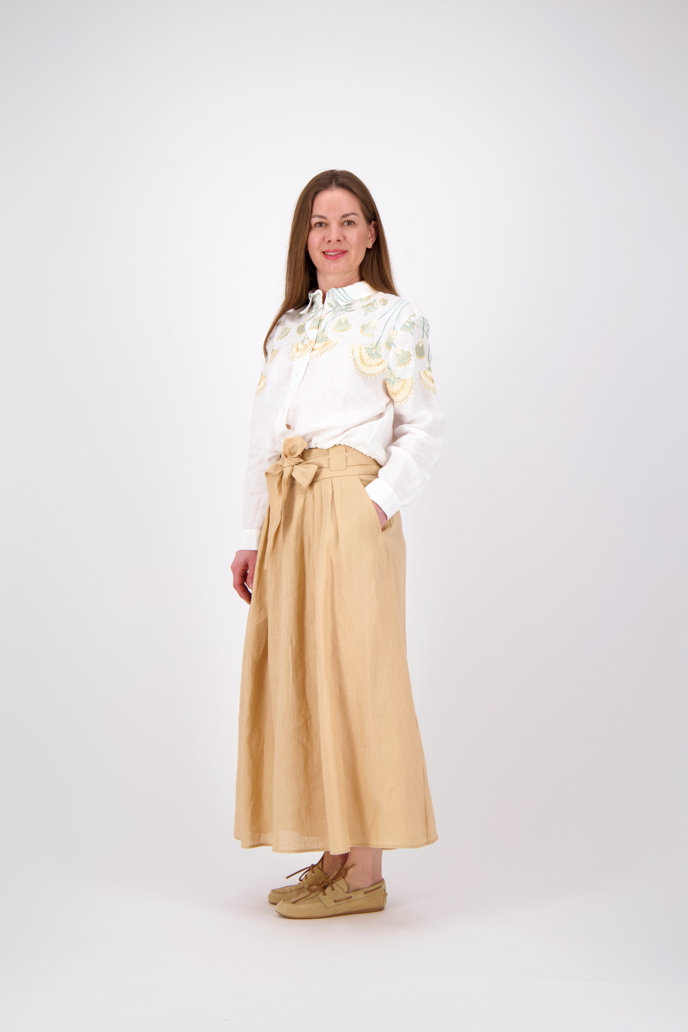Linen Midi Skirt - Beige