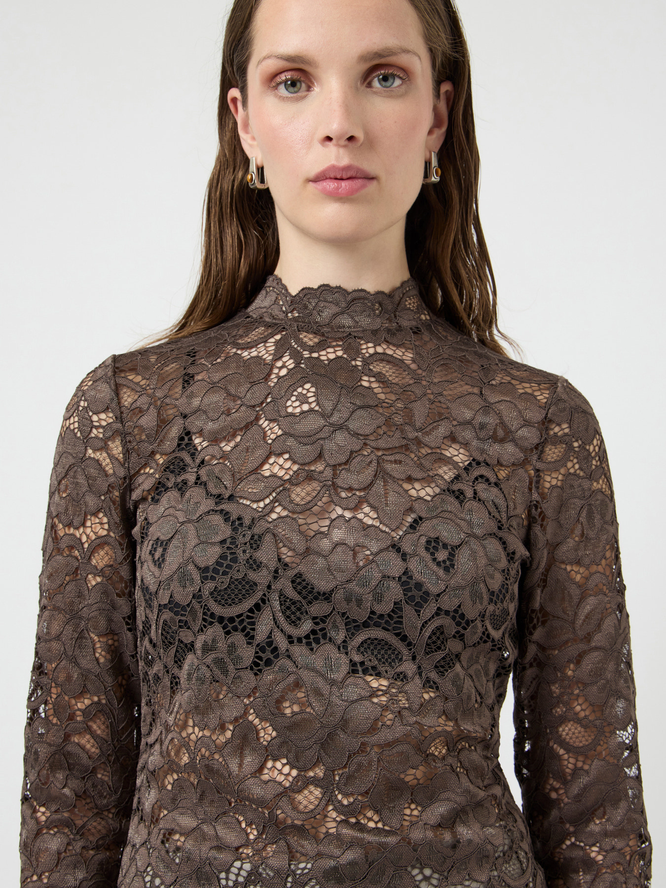 Lacey LS Lace Top S Noos - Chocolate Brown