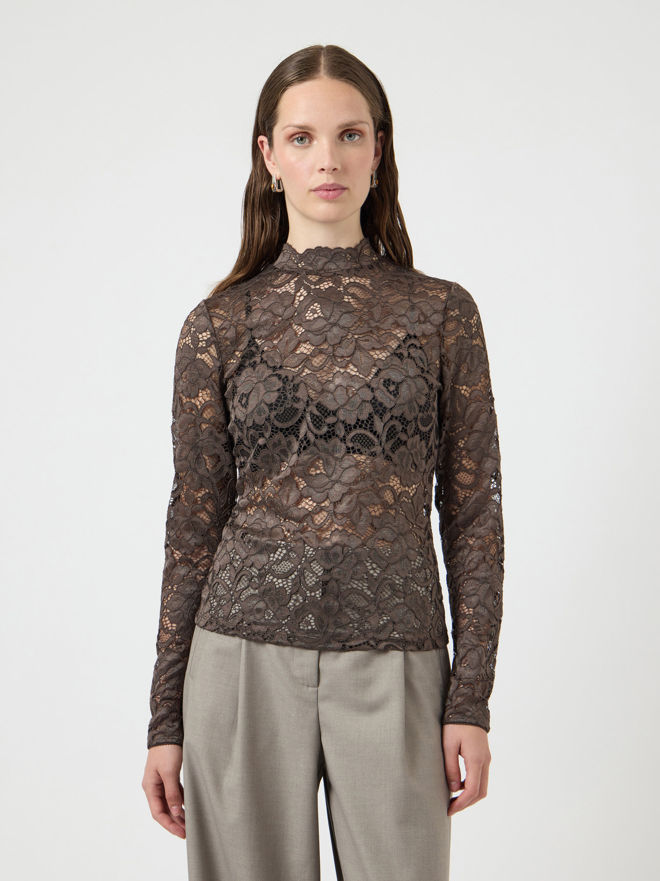 Lacey LS Lace Top S Noos - Chocolate Brown