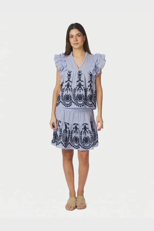 Tarrow Stripe Embroidery Skirt - Blue